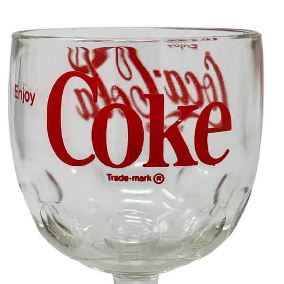Vintage Enjoy Coca-Cola Retro Glass Thumbprint Goblet Red Logo Print Coke - Picture 4 of 11